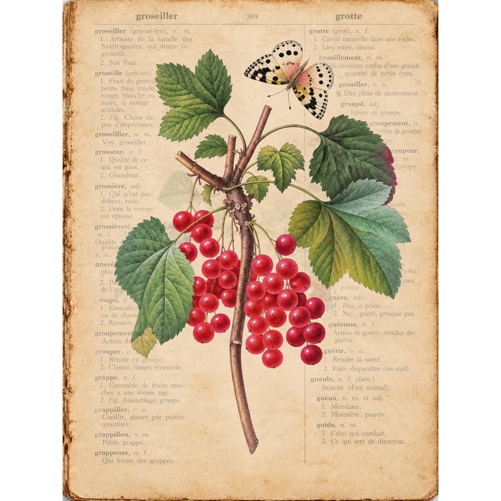 Redouté Red Currant Butterfly Dictionary Page Art Print Cottage Kitchen Decor